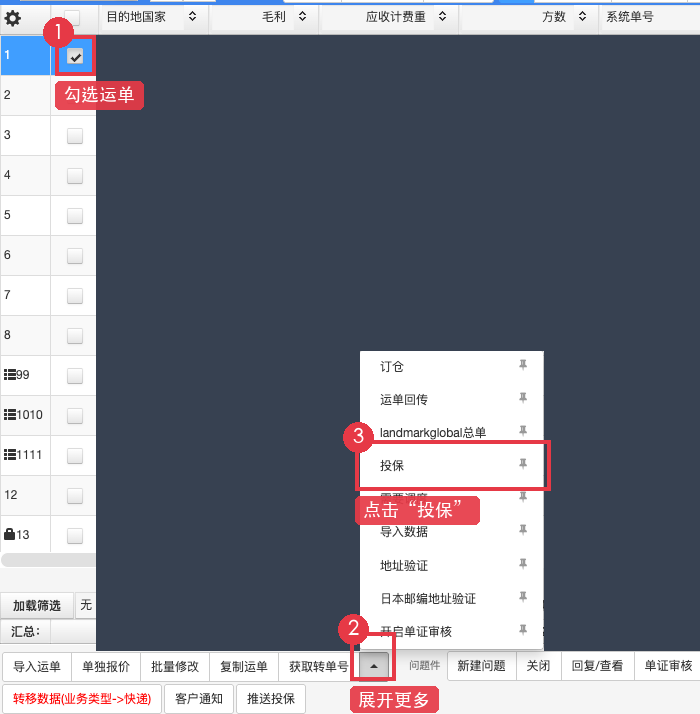 勾选运单并打开投保入口