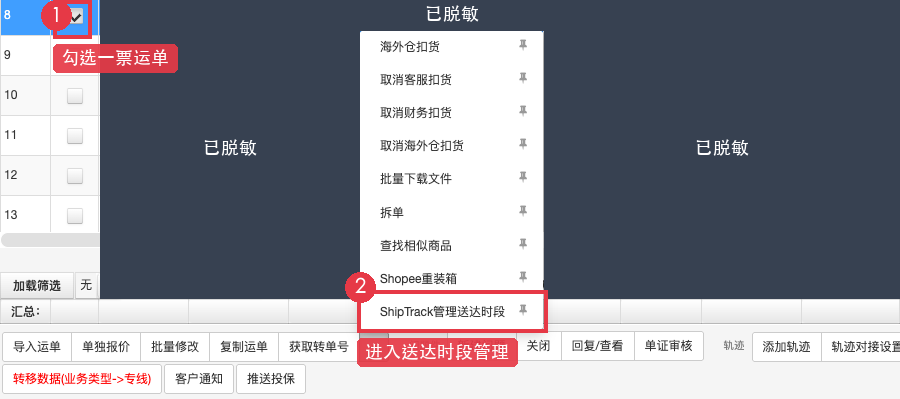 勾选一票运单并打开 ShipTrack 送达时段管理