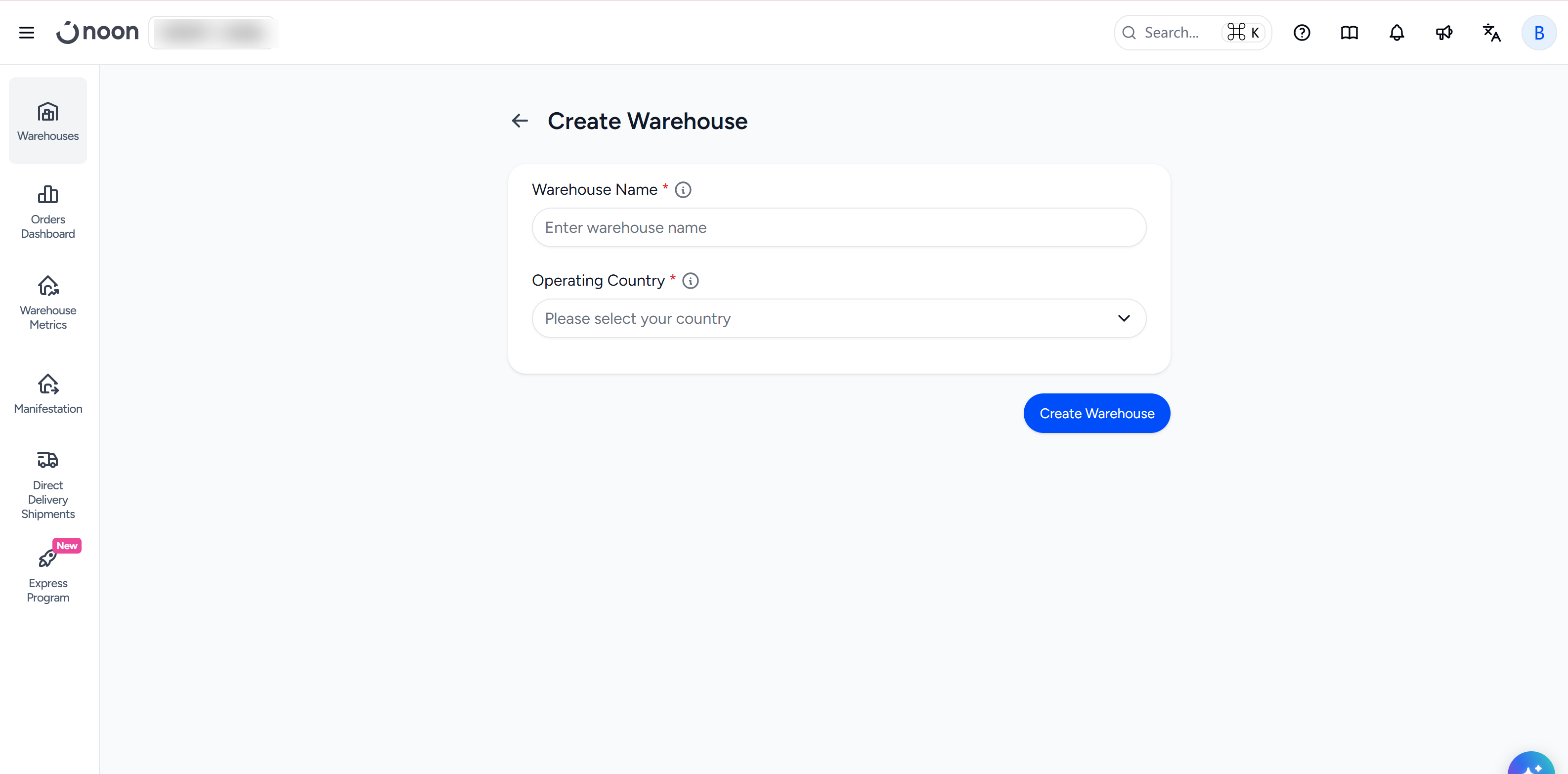 Create Warehouse：仓库名称与运营国家