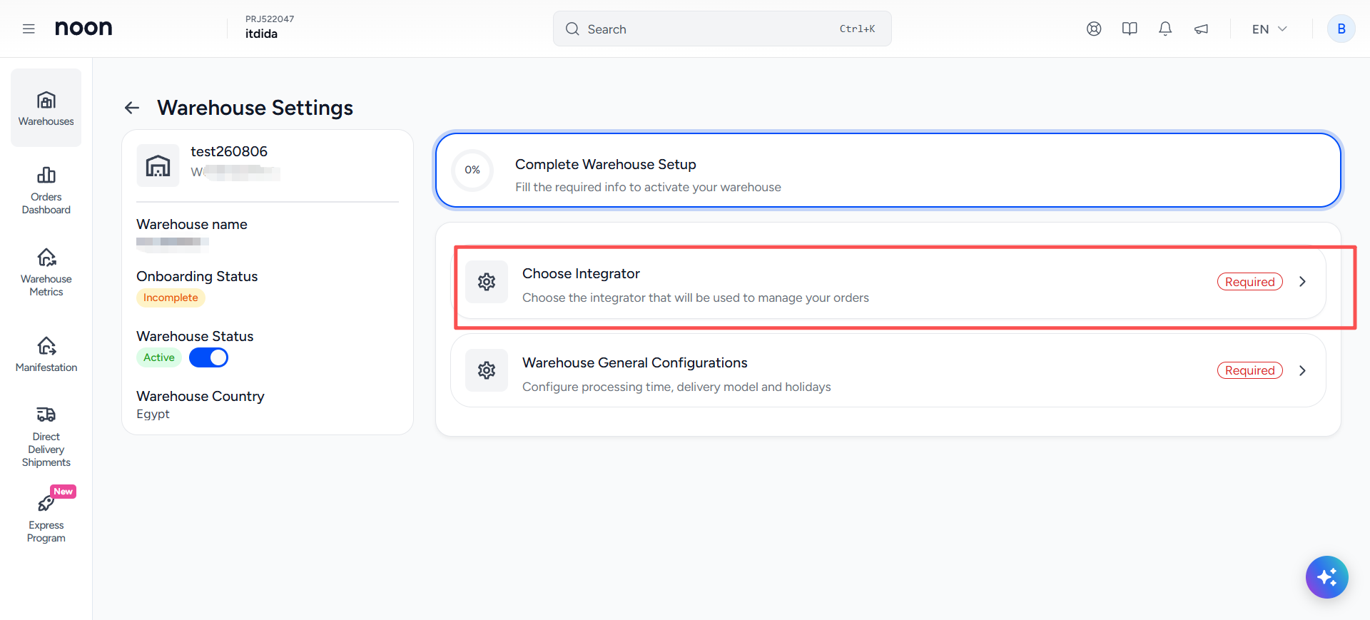 Warehouse Settings：选择 Choose Integrator