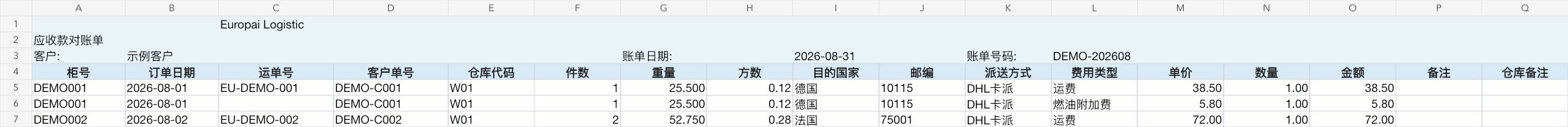 Europai Logistic 账单脱敏效果图