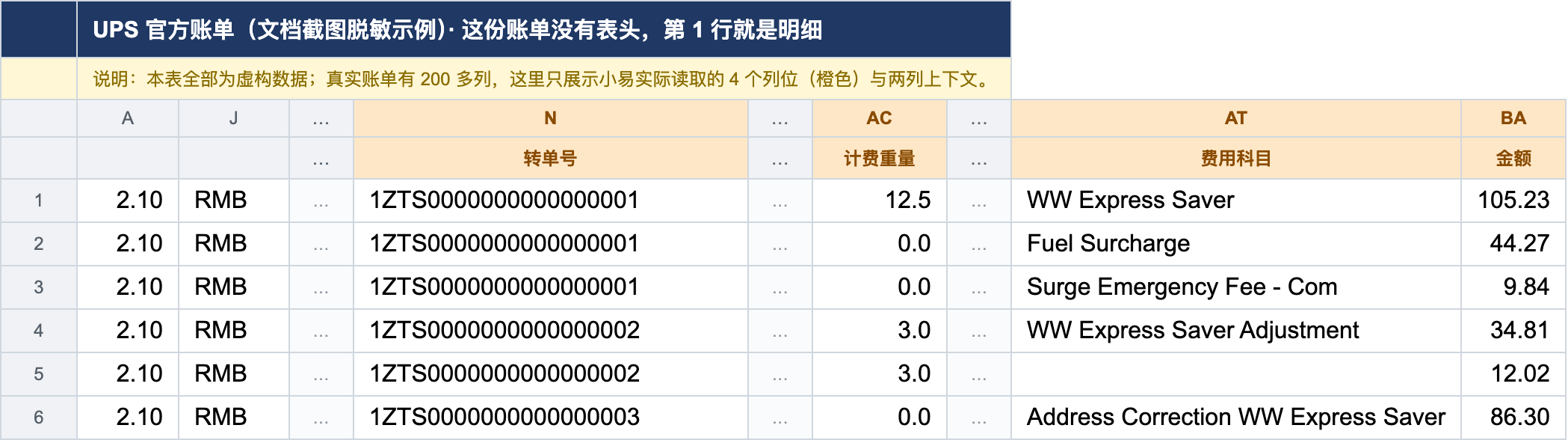 UPS 官方账单脱敏效果图